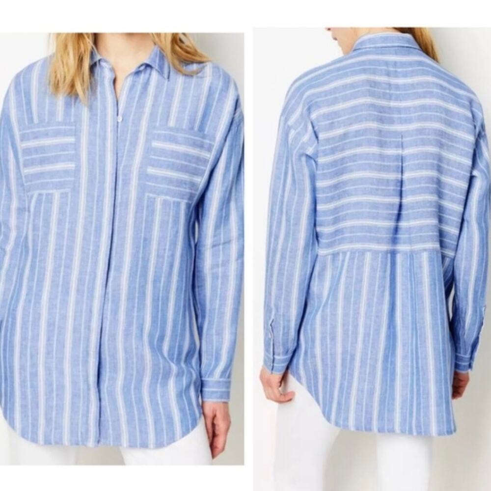 J. Jill Linen Women's S Patch Pocket Striped Blue White Tunic Button Down Shirt